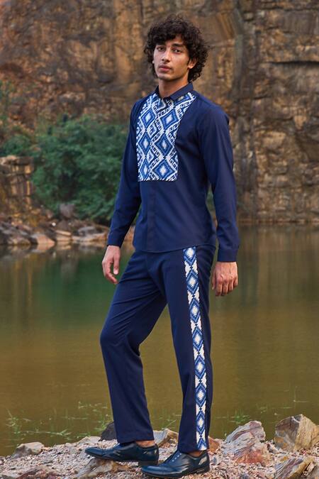 Dash And Dot_Blue 2% Lycra, 35% Viscose, 63% Polyester Geometric Pattern Jacquard Pant Set_Online_at_Aza_Fashions