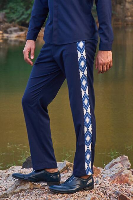 Shop_Dash And Dot_Blue 2% Lycra, 35% Viscose, 63% Polyester Geometric Jacquard Tuxedo Stripe Pant_Online_at_Aza_Fashions