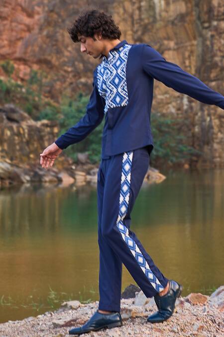 Buy_Dash And Dot_Blue 2% Lycra, 35% Viscose, 63% Polyester Geometric Pattern Jacquard Pant Set_Online_at_Aza_Fashions