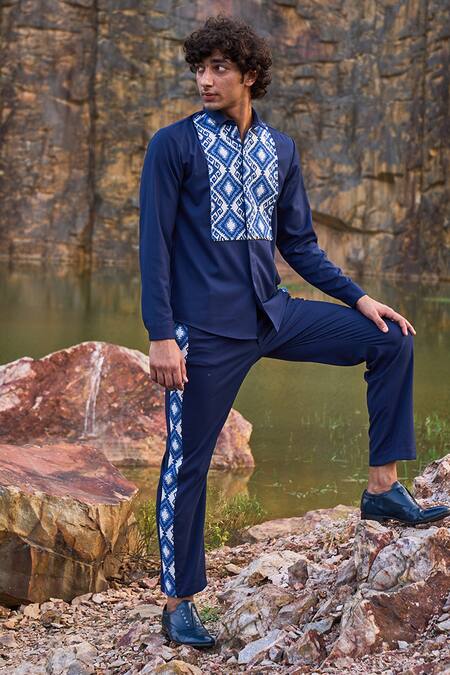 Shop_Dash And Dot_Blue 2% Lycra, 35% Viscose, 63% Polyester Geometric Pattern Jacquard Pant Set_Online_at_Aza_Fashions