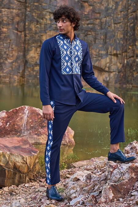Buy_Dash And Dot_Blue 2% Lycra, 35% Viscose, 63% Polyester Geometric Jacquard Tuxedo Stripe Pant_Online_at_Aza_Fashions