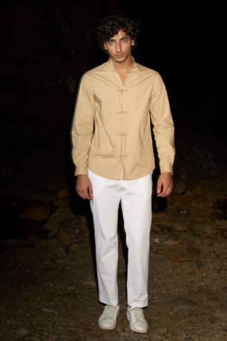 Buy_Dash And Dot_Beige 100% Cotton Twisted Button Shirt_Online_at_Aza_Fashions