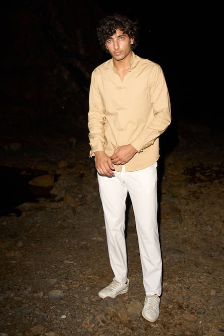 Shop_Dash And Dot_Beige 100% Cotton Twisted Button Shirt_Online_at_Aza_Fashions