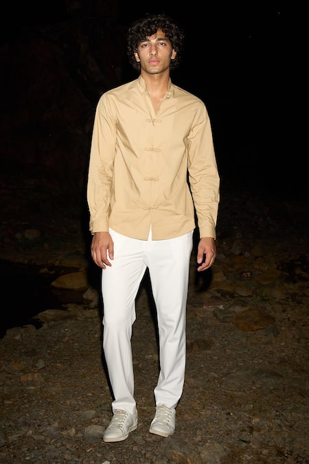 Dash And Dot_Beige 100% Cotton Twisted Button Shirt_at_Aza_Fashions