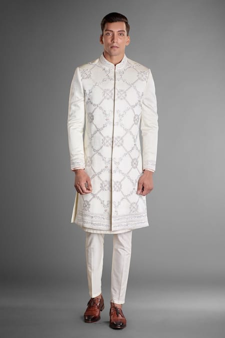 More Mischief_Cream Silk, Linen, Cotton Embroidery Dawn Floral Geometric Sherwani Set_Online_at_Aza_Fashions