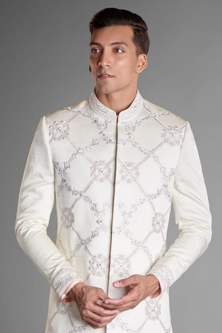 Buy_More Mischief_Cream Silk, Linen, Cotton Embroidery Dawn Floral Geometric Sherwani Set_Online_at_Aza_Fashions