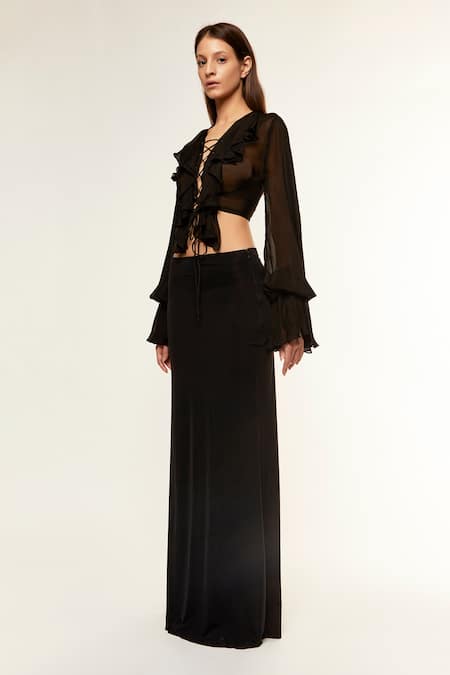 Buy_Deme By Gabriella_Black Chiffon, Denim Ruffles V-neck Matty Top And Skirt Set _Online_at_Aza_Fashions