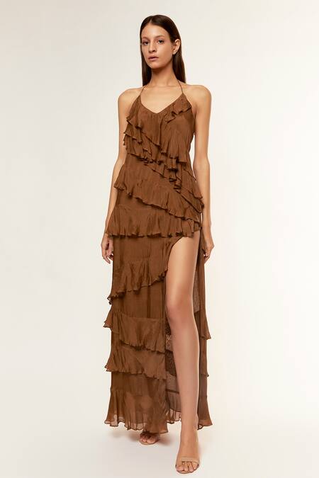 Buy_Deme By Gabriella_Brown Chiffon Halter Neck Lisa Ruffle Layered Gown _Online_at_Aza_Fashions