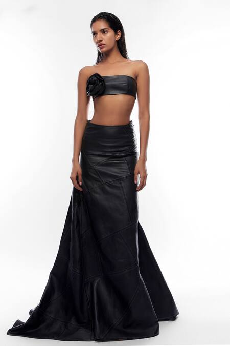 Deme By Gabriella_Black Leather Collared Tube Crop Top And Skirt Set_Online_at_Aza_Fashions