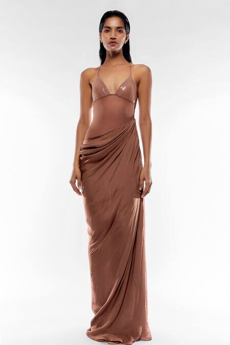 Deme By Gabriella Pink Georgette, Net, Chiffon Sequins V-neck Strappy Draped Gown Online at Aza Fashions Deme By Gabriella_Pink Georgette, Net, Chiffon Sequins V-neck Strappy Draped Gown _Online_at_Aza_Fashions