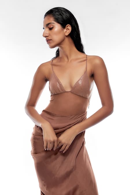 Buy Deme By Gabriella Pink Georgette, Net, Chiffon Sequins V-neck Strappy Draped Gown Online at Aza Fashions Buy_Deme By Gabriella_Pink Georgette, Net, Chiffon Sequins V-neck Strappy Draped Gown _Online_at_Aza_Fashions