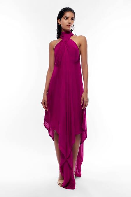 Deme By Gabriella Pink Chiffon Embroidery Halter Neck Asymmetric Hem Gown Online at Aza Fashions Deme By Gabriella_Pink Chiffon Embroidery Halter Neck Asymmetric Hem Gown _Online_at_Aza_Fashions