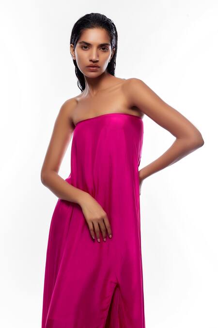 Deme By Gabriella Pink Chiffon Bandeau Neck Tube Front Slit Gown Online at Aza Fashions Deme By Gabriella_Pink Chiffon Bandeau Neck Tube Front Slit Gown _Online_at_Aza_Fashions