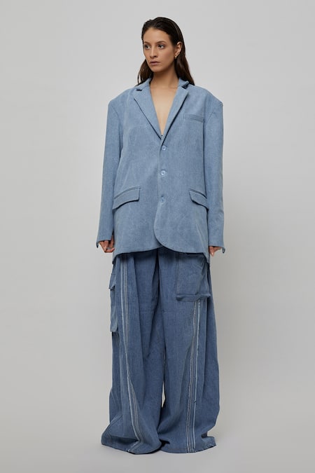 Deme By Gabriella_Blue Denim Jacket Lapel Collar And Bustier Sweetheart Neck & Pant Set_Online_at_Aza_Fashions