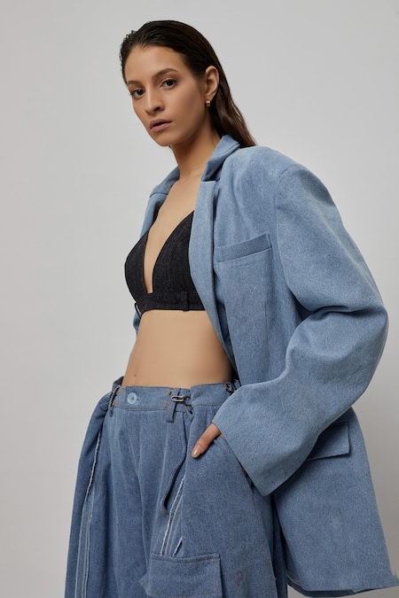 Buy_Deme By Gabriella_Blue Denim Jacket Lapel Collar And Bustier Sweetheart Neck & Pant Set_Online_at_Aza_Fashions