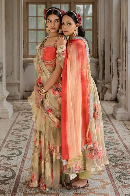 Amrin Khan_Green Georgette Floral Print And Beads Notched Saree With Blouse _at_Aza_Fashions