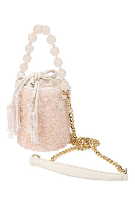The Leather Garden_Pink Sequin And Pearl Embellished Desert Rose Potli Bag _Online_at_Aza_Fashions