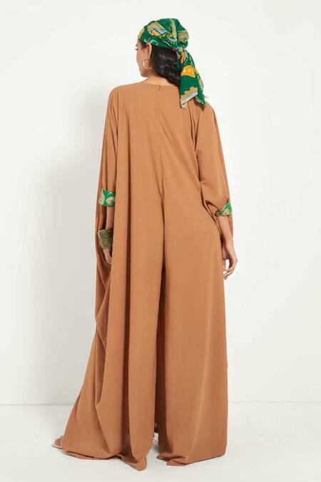 Buy Style Junkiie Beige Crepe Embroidery Halter Neck Flared Jumpsuit Buy_Style Junkiie_Beige Crepe Embroidery Halter Neck Flared Jumpsuit