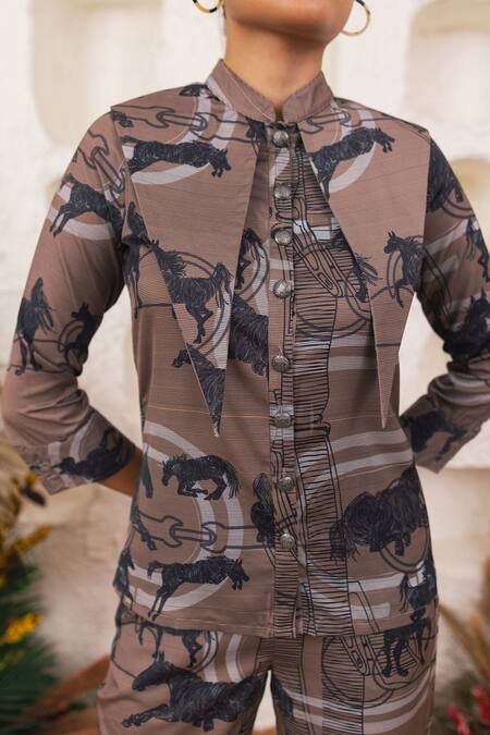 House Of Fett_Black Crepe Galloping Mare Mandarin Collar Neck Print Shirt And Pant Set _Online_at_Aza_Fashions