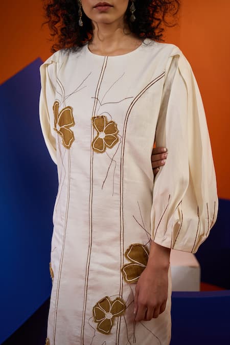 The Dramebaaz CO_White Cotton, Linen Embroidery Round Neck Dress _Online_at_Aza_Fashions