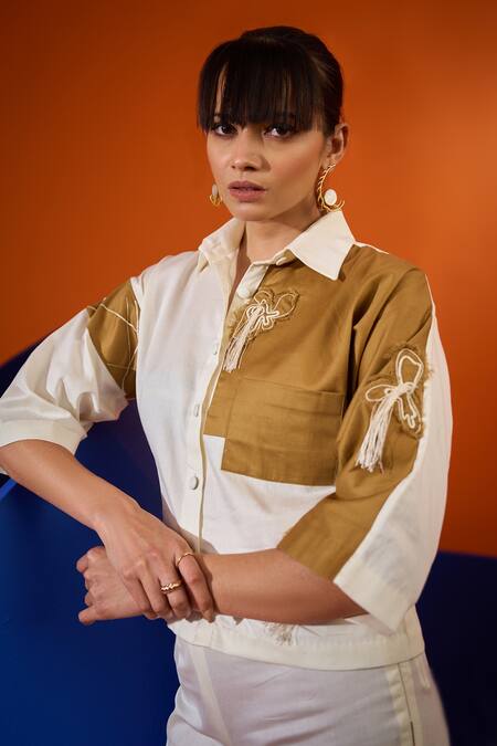 Buy_The Dramebaaz CO_White Cotton Embroidery Split V-neck Colorblock Shirt And Pant Set _Online_at_Aza_Fashions