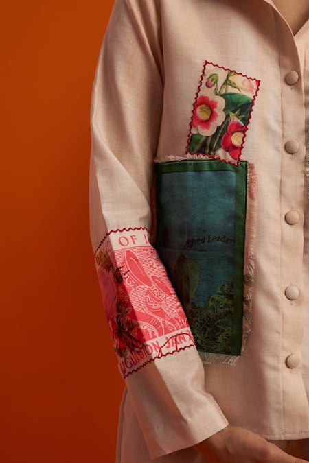 Buy_The Dramebaaz CO_Ivory Cotton Embroidery Split V-neck Vintage Patch Work Shirt And Pant Set _Online_at_Aza_Fashions