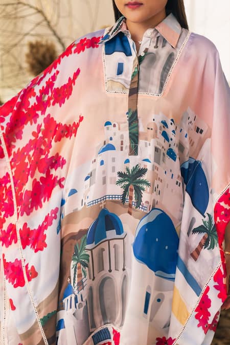 House Of Fett_Multi Color Satin City Landscape Collared Neck Oia Print Kaftan And Pant Set _Online_at_Aza_Fashions