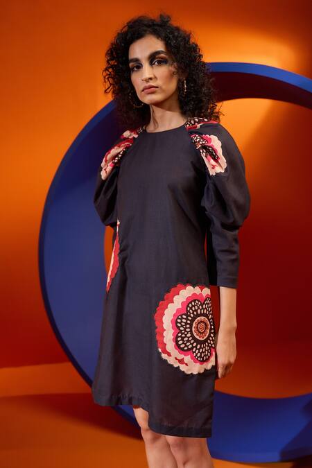 The Dramebaaz CO_Blue Embroidery Round Neck Glory Sleeve Printed Short Dress _Online_at_Aza_Fashions