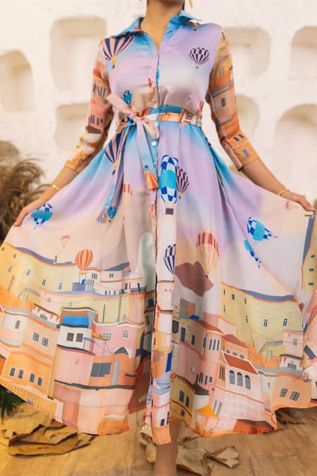 House Of Fett_Black Rose Satin Hot Air Balloon Collared Neck Print Dress_Online_at_Aza_Fashions