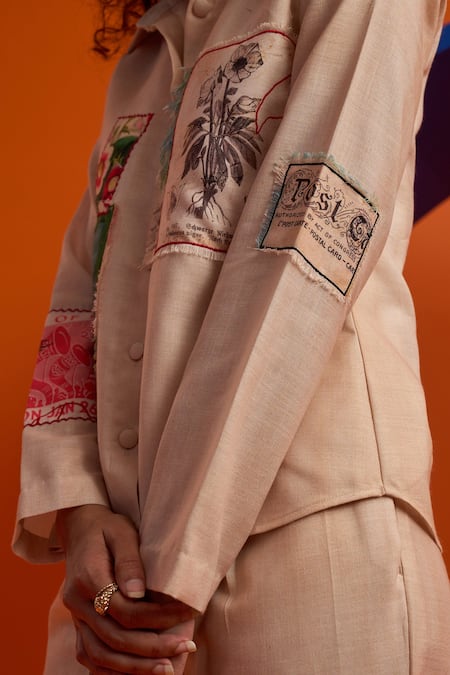 The Dramebaaz CO_Ivory Cotton Embroidery Split V-neck Vintage Patch Work Shirt And Pant Set _Online_at_Aza_Fashions