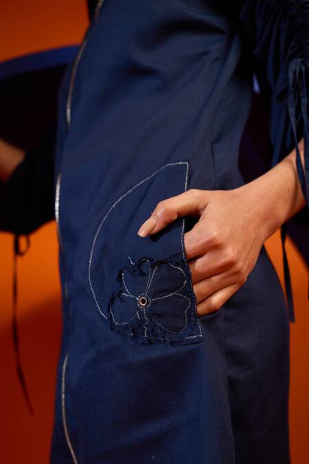 The Dramebaaz CO Blue Cotton Embroidery Collared Jay Gathered Sleeve Dress Online at Aza Fashions The Dramebaaz CO_Blue Cotton Embroidery Collared Jay Gathered Sleeve Dress _Online_at_Aza_Fashions