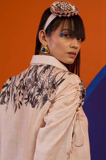 The Dramebaaz CO_Ivory Cotton Beads Collared Calla Vintage Print Cropped Shirt And Shorts Set _Online_at_Aza_Fashions