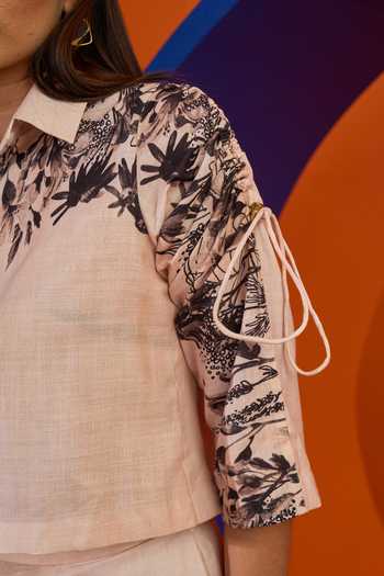 Buy_The Dramebaaz CO_Ivory Cotton Beads Collared Calla Vintage Print Cropped Shirt And Shorts Set _Online_at_Aza_Fashions