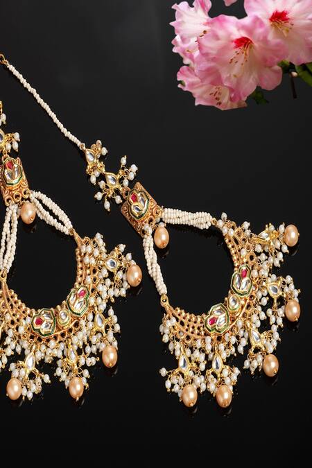 Dugran By Dugristyle Red Pearls, Gota Patti, Stones Kundan Embellished Passa Chandbali Earrings Online at Aza Fashions Dugran By Dugristyle_Red Pearls, Gota Patti, Stones Kundan Embellished Passa Chandbali Earrings _Online_at_Aza_Fashions