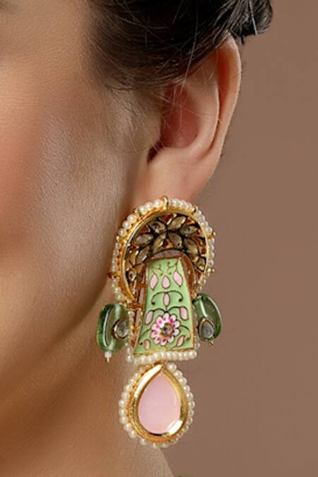 Dugran By Dugristyle Green Pearls, Stones Crescent Embellished Earrings Online at Aza Fashions Dugran By Dugristyle_Green Pearls, Stones Crescent Embellished Earrings _Online_at_Aza_Fashions