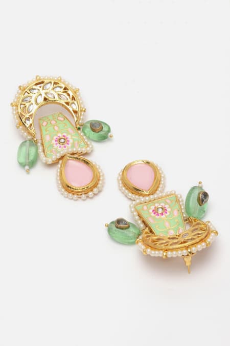 Shop Dugran By Dugristyle Green Pearls, Stones Crescent Embellished Earrings Online at Aza Fashions Shop_Dugran By Dugristyle_Green Pearls, Stones Crescent Embellished Earrings _Online_at_Aza_Fashions