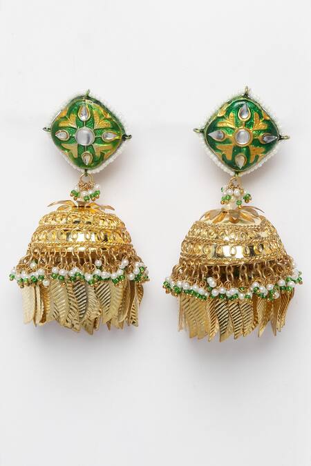 Dugran By Dugristyle Cream Pearls, Stones, Embroidery Leaf Embellished Jhumkas Online at Aza Fashions Dugran By Dugristyle_Cream Pearls, Stones, Embroidery Leaf Embellished Jhumkas _Online_at_Aza_Fashions