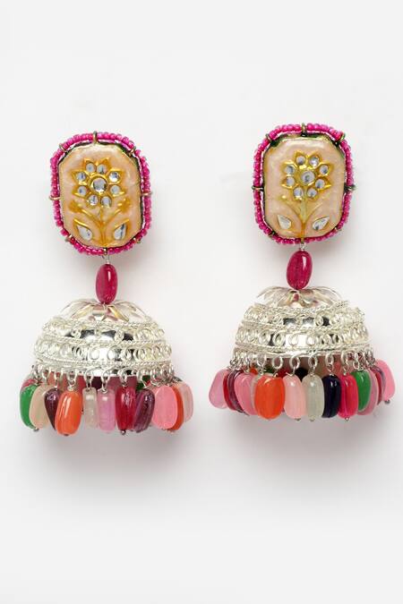 Dugran By Dugristyle_Silver Plated Pearls, Stones, Gota Patti Drop Jhumkas _Online_at_Aza_Fashions