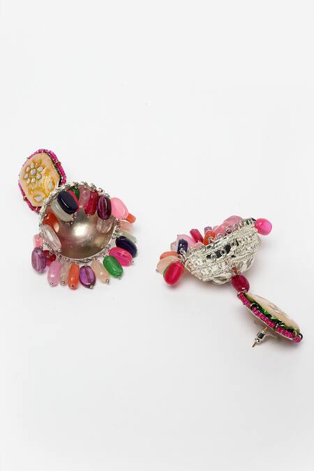 Buy_Dugran By Dugristyle_Silver Plated Pearls, Stones, Gota Patti Drop Jhumkas _Online_at_Aza_Fashions