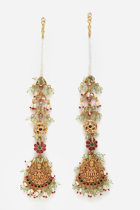 Dugran By Dugristyle Multi Color Pearls, Lace, Stones Temple Dangler Earrings Online at Aza Fashions Dugran By Dugristyle_Multi Color Pearls, Lace, Stones Temple Dangler Earrings _Online_at_Aza_Fashions