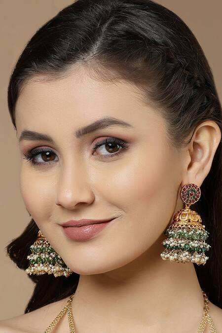 Shop Dugran By Dugristyle Gold Plated Pearls, Stones Bead Drop Layered Jhumkis Online at Aza Fashions Shop_Dugran By Dugristyle_Gold Plated Pearls, Stones Bead Drop Layered Jhumkis _Online_at_Aza_Fashions