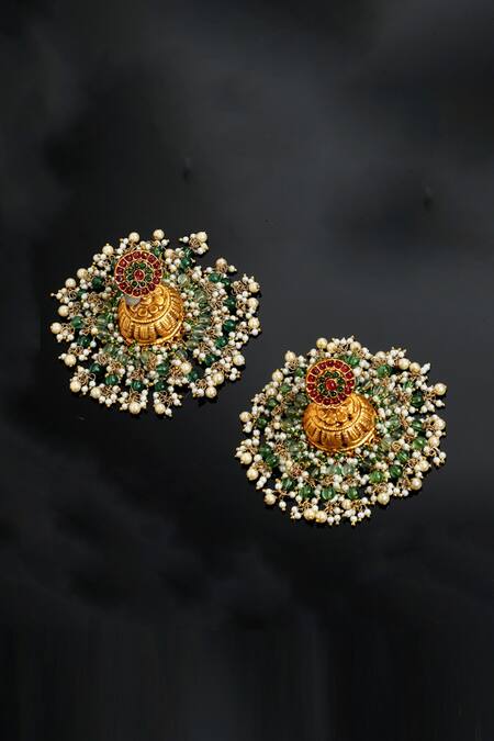 Dugran By Dugristyle Gold Plated Pearls, Stones Bead Drop Layered Jhumkis Online at Aza Fashions Dugran By Dugristyle_Gold Plated Pearls, Stones Bead Drop Layered Jhumkis _Online_at_Aza_Fashions