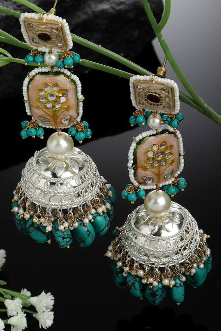 Dugran By Dugristyle_Multi Color Metallic Thread, Pearls, Stones Drop Jhumkis _Online_at_Aza_Fashions