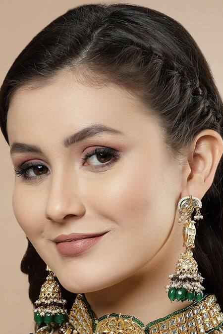 Shop Dugran By Dugristyle Gold Plated Pearls, Fabric Flowers, Diamonds Kundan Embellished Long Jhumkis Online at Aza Fashions Shop_Dugran By Dugristyle_Gold Plated Pearls, Fabric Flowers, Diamonds Kundan Embellished Long Jhumkis _Online_at_Aza_Fashions