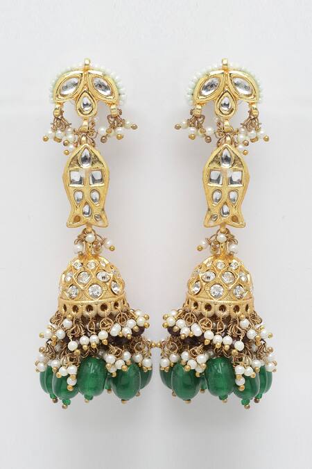 Dugran By Dugristyle Gold Plated Pearls, Fabric Flowers, Diamonds Kundan Embellished Long Jhumkis Online at Aza Fashions Dugran By Dugristyle_Gold Plated Pearls, Fabric Flowers, Diamonds Kundan Embellished Long Jhumkis _Online_at_Aza_Fashions