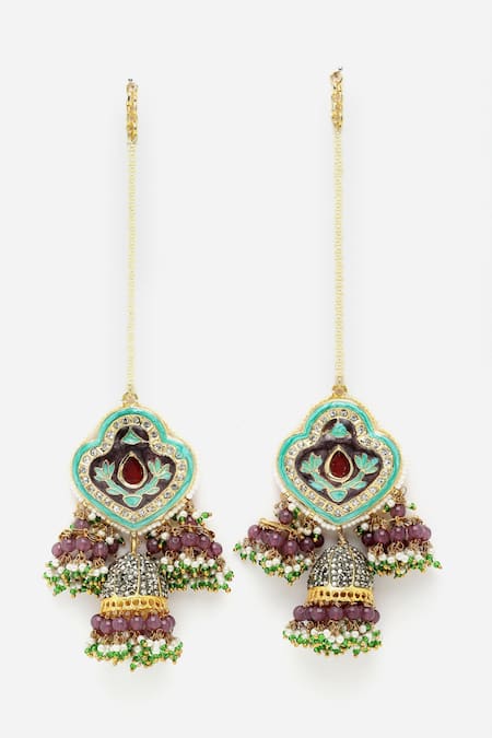 Dugran By Dugristyle_Multi Color Pearls, Diamonds Meenakari And Bead Drop Jhumkis _Online_at_Aza_Fashions