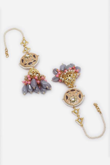 Buy_Dugran By Dugristyle_Peach Pearls, Lace Embellished Meenakari Jhumkas _Online_at_Aza_Fashions