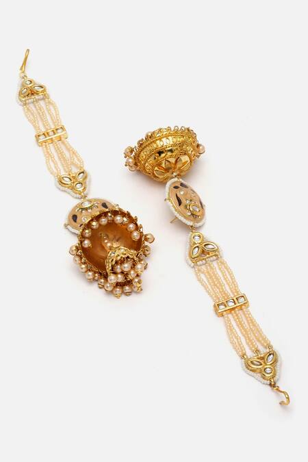 Buy Dugran By Dugristyle Peach Pearls Meenakari Embellished Jhumkas Online at Aza Fashions Buy_Dugran By Dugristyle_Peach Pearls Meenakari Embellished Jhumkas _Online_at_Aza_Fashions