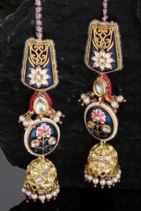Dugran By Dugristyle_Blue Floral Pattern Embellished Jhumkas _Online_at_Aza_Fashions