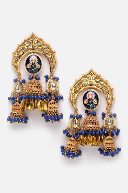 Dugran By Dugristyle Blue Pearls, Rhinestones, Stones Embellished Kundan Multi Jhumkas Online at Aza Fashions Dugran By Dugristyle_Blue Pearls, Rhinestones, Stones Embellished Kundan Multi Jhumkas _Online_at_Aza_Fashions